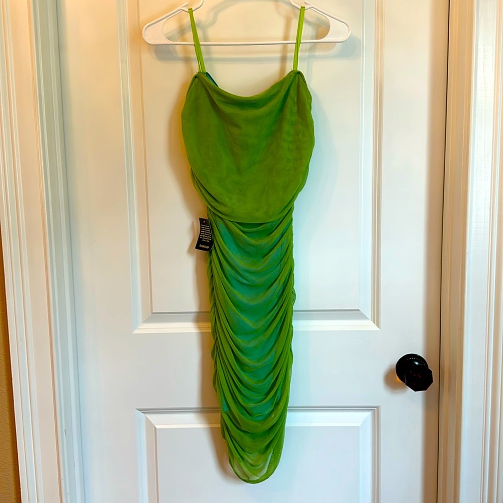 Bebe Sheer Stretch Midi Cocktail Dress Size XS Green Off Shoulder New Summer